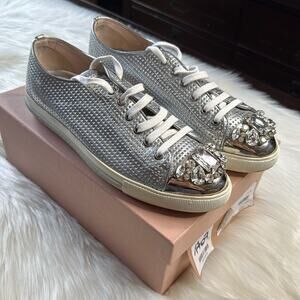 Miu Miu Silver Perforated Leather Crystal Toe Cap Sneakers